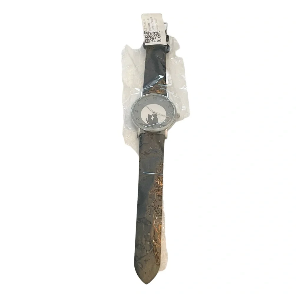 Stainless Steel Black Leather Cat Kitten Big‎ Head Adjustable Watch NEW
